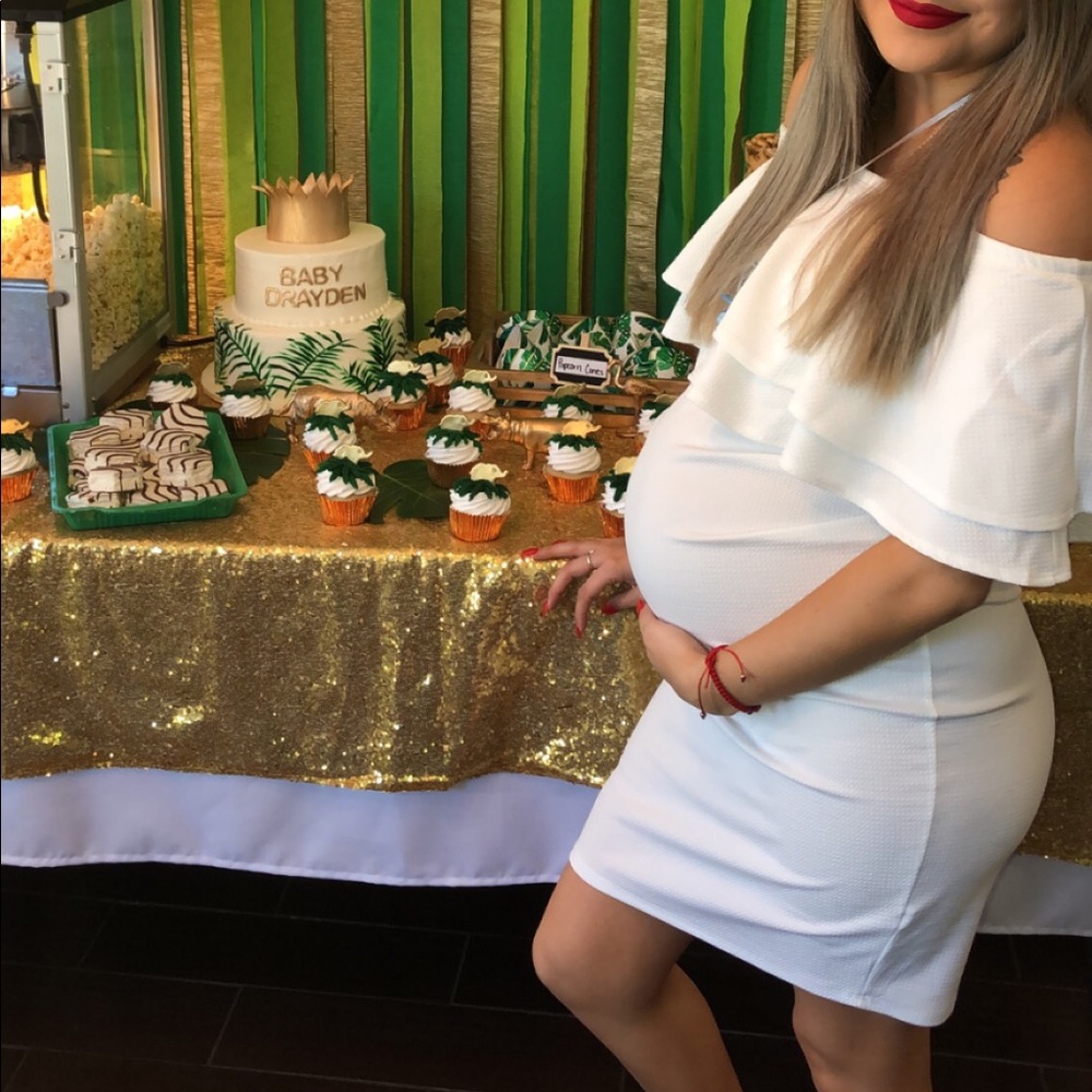 White off the shoulder maternity dress